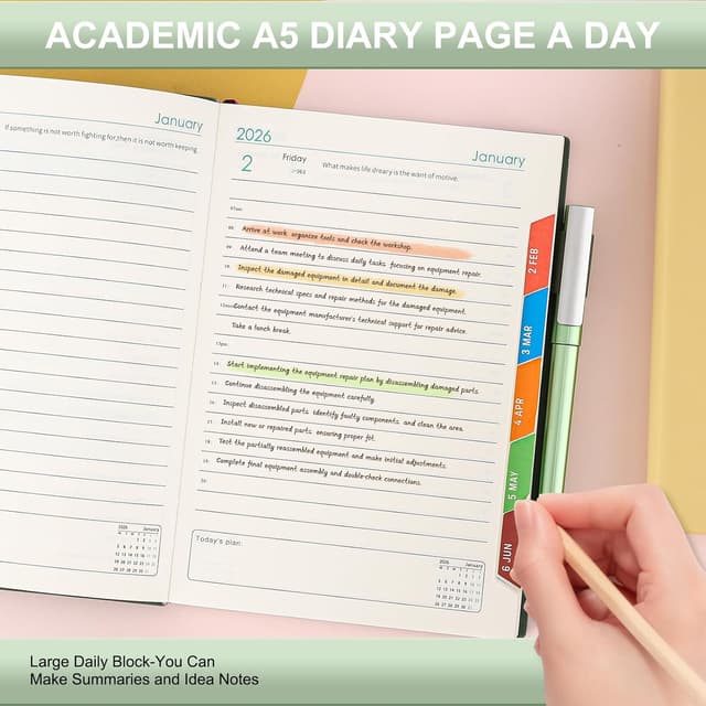 Detalle de 2026 A5 Page-a-Day Diary (Jan–Dec 2026) with Pen Loop, Tabs & Inner Pocket – Green Stickers