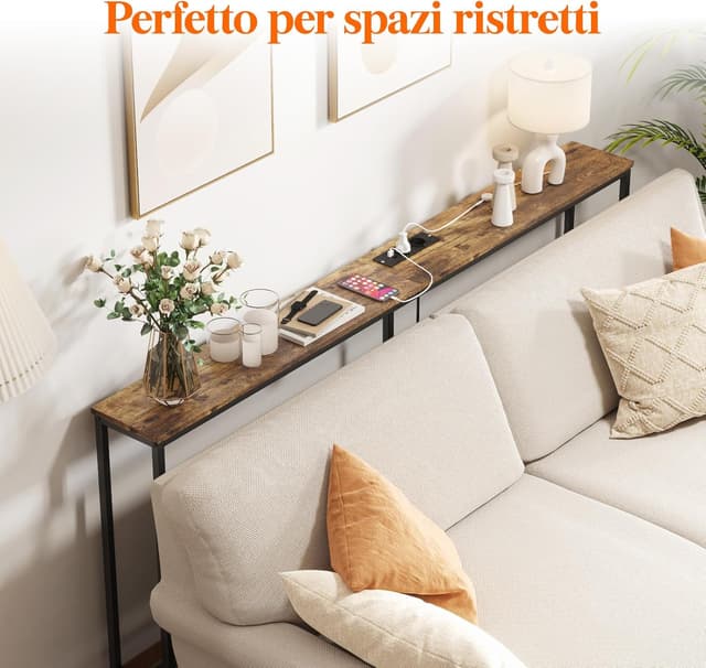 Detalle de Lifewit Consolle Stretta 180 cm con 2 prese e 2 porte USB, tavolo da divano 180x20x80 cm marrone rustico