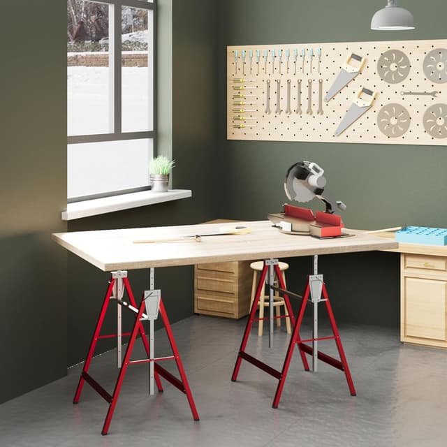 Detalle 2 de HOMCOM Lot de 2 tréteaux Pliables télescopiques Hauteur réglable 80–130 cm Rouge