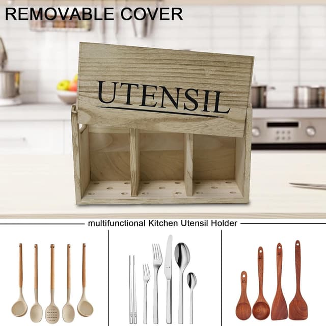 Detalle de Gzsekken Rustic Kitchen Utensil Holder (Large, 3 Compartments) with Drainage Bottom, Brown