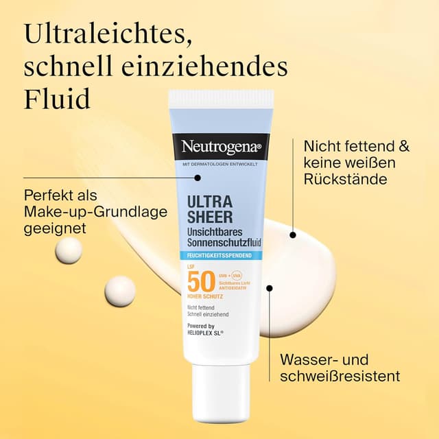 Detalle de Neutrogena Ultra Sheer unsichtbares Feuchtigkeitsspendendes Sonnenschutzfluid LSF50 (50 ml) mit hoher UVB/UVA-Absorption