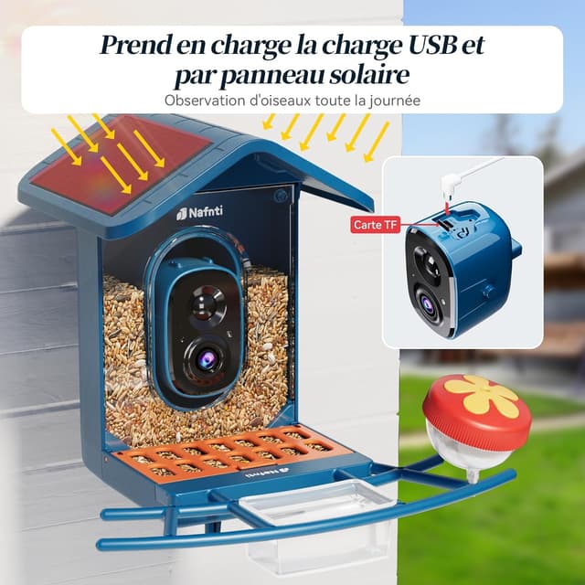 Detalle de Mangeoire intelligente pour oiseaux avec caméra 2K et IA, 2,4 GHz/5 GHz, énergie solaire, anti-écureuils