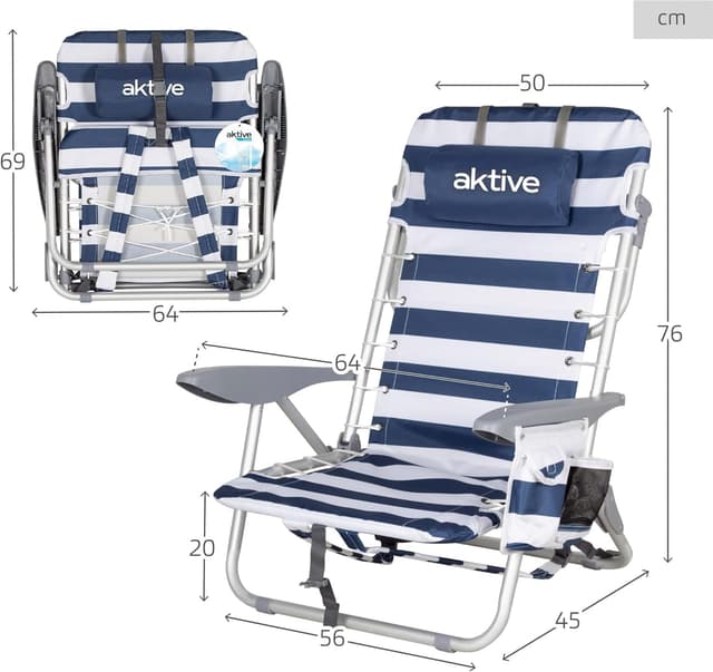 Detalle de AKTIVE Chaise de plage pliante et inclinable 4 positions rayures bleues et blanches
