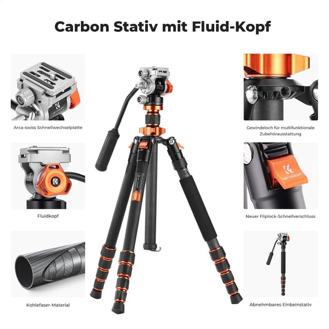 Thumbnail 6 de K&F CONCEPT 173 cm Carbon Videostativ mit Fluidkopf – 1,1 kg ohne Kopf, 5 kg Traglast (O255C4+FH-03)