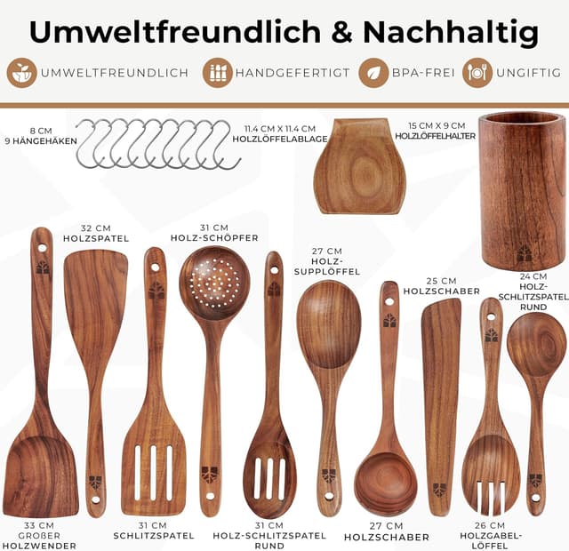 Detalle 2 de Holz-Kochlöffel Set 12 Teakholz mit Halter