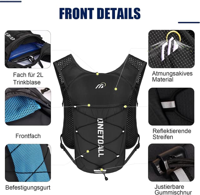 Thumbnail 6 de ONETOALL Laufweste Damen Herren mit 2L Trinkblase und 500 ml Flasche (reflektierend, ca. 150 g, 6 l)
