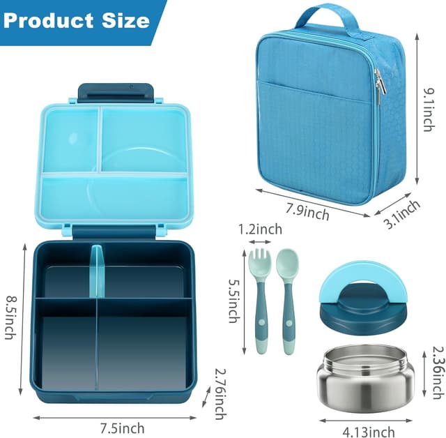 Detalle 2 de Kids Bento Lunch Box Set with 8oz Soup Thermo, Leak-Proof 4-Compartment Containers & Insulated Lunch Bag (Blue)