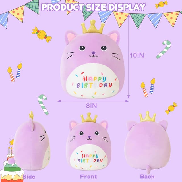 Detalle 2 de Xfrog Cat Stuffed Animal Plush Pillow (10") – Kawaii Purple Birthday Cat with Golden Crown