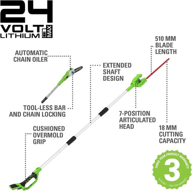 Detalle de Greenworks G24PSHK2 cordless 2-in-1 pole saw and pole hedge trimmer (tool only) with 20cm bar