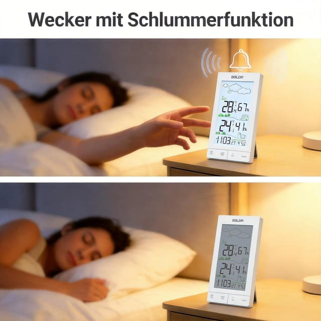 Detalle de Konsen Wetterstation Funk für Innen/Außen mit Außensensor (DCF) – Thermometer/Hygrometer mit Beleuchtung & Wettervorhersage in Weiß