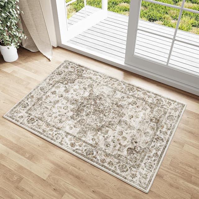 Detalle de HUGEAR Vintage Braun waschbarer Teppich 60 x 90 cm – rutschfest für Eingang, Bad und Schlafzimmer