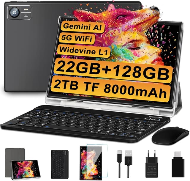 Detalle de Tablette 10 pouces Android 2026 SUAAT S10 Octa Core 5G + Wi-Fi 2,4G, 22 Go RAM + 128 Go ROM (ext. TF), FHD, étui + clavier et souris – Noir