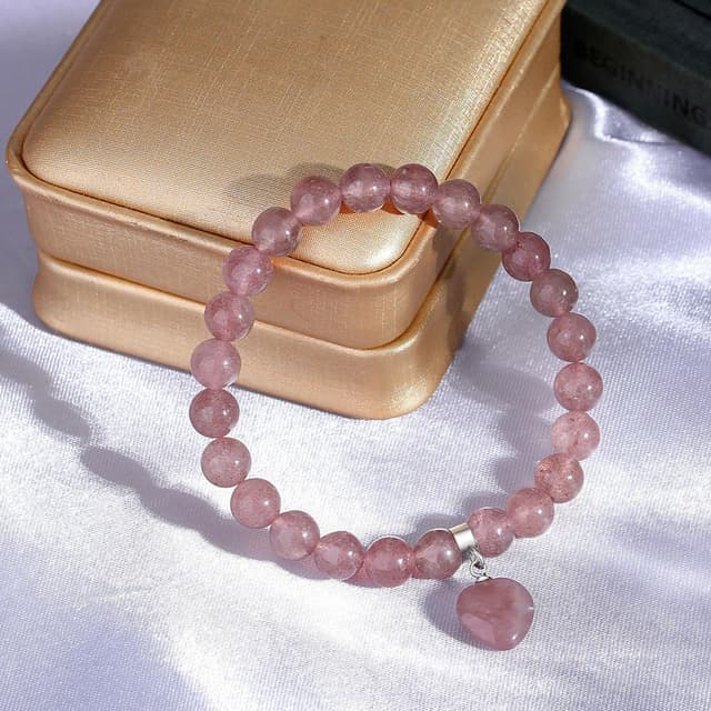 Detalle de Sahoottie Herz-Armband aus Erdbeerquarz (8 mm Perlen) für Damen – Geschenkbox inklusive