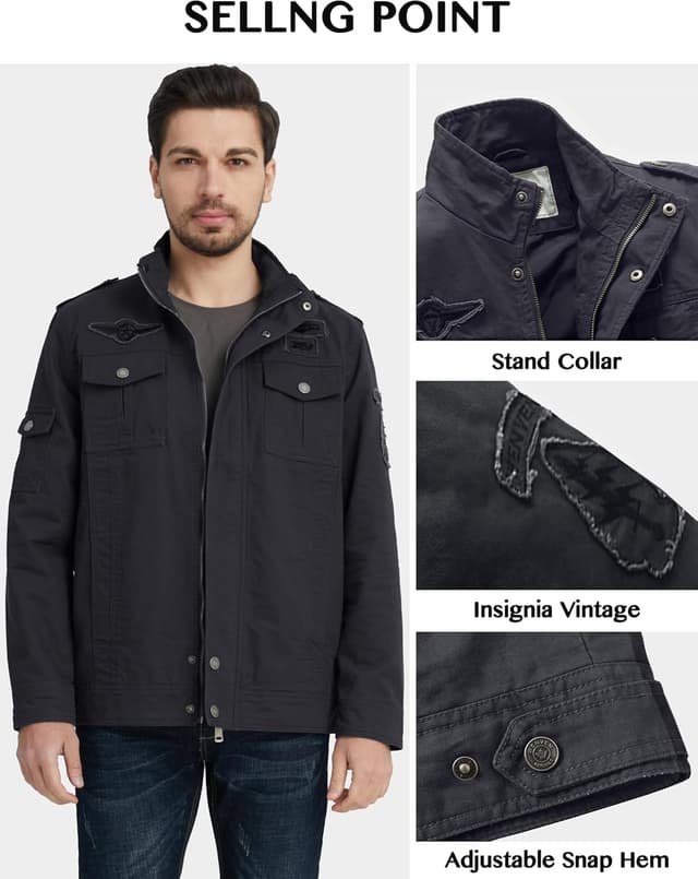 Thumbnail 3 de WenVen Giacca da Uomo Classica in Cotone con Zip Antivento e Tasche, stile casual autunnale