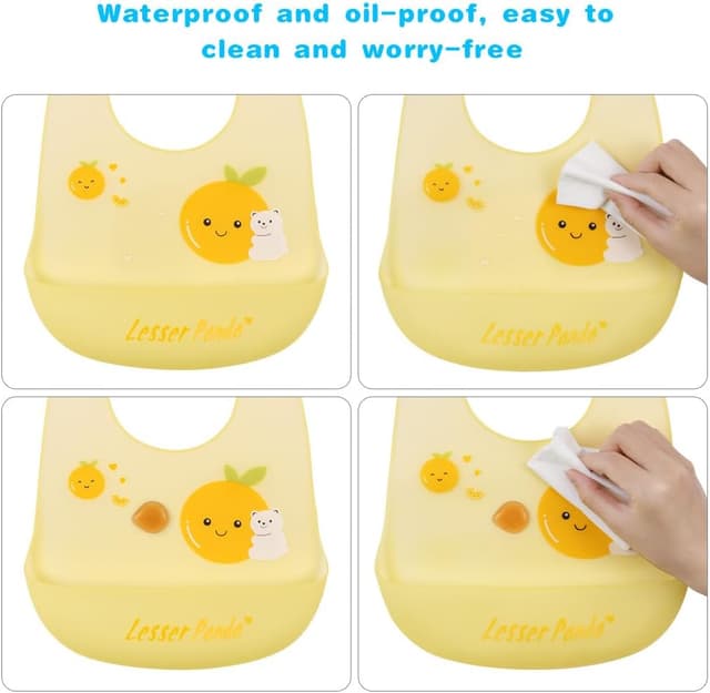 Detalle de Vicloon Bavaglino in silicone con vaschetta raccogli-briciole e 6 bottoni regolabili (2 bavaglini, Orso e Coniglio)