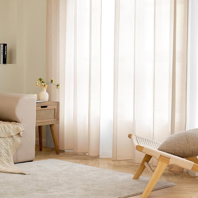 Detalle 2 de EMEMA 2er-Set Sheer-Voile-Gardinen mit Ösen, 140 x 225 cm (B x H) – transparent für Wohnzimmer & Schlafzimmer, Beige