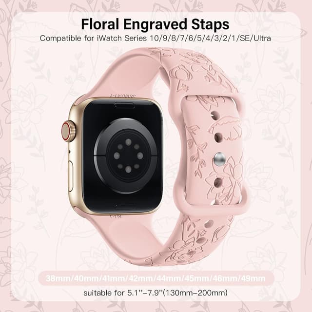 Detalle de Yoohoo Floral Engraved Soft Silicone Strap for Apple Watch (38mm–49mm) – Pink