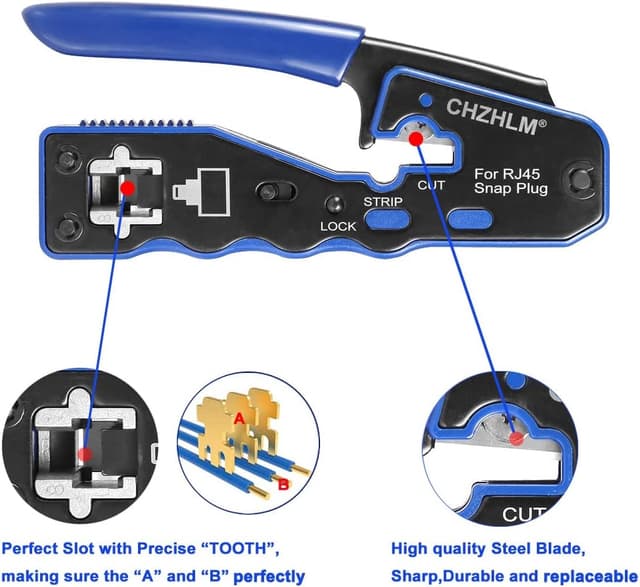 Detalle 2 de CHZHLM RJ45 pass-through crimp tool kit with 50 connectors, covers, mini stripper and cable tester