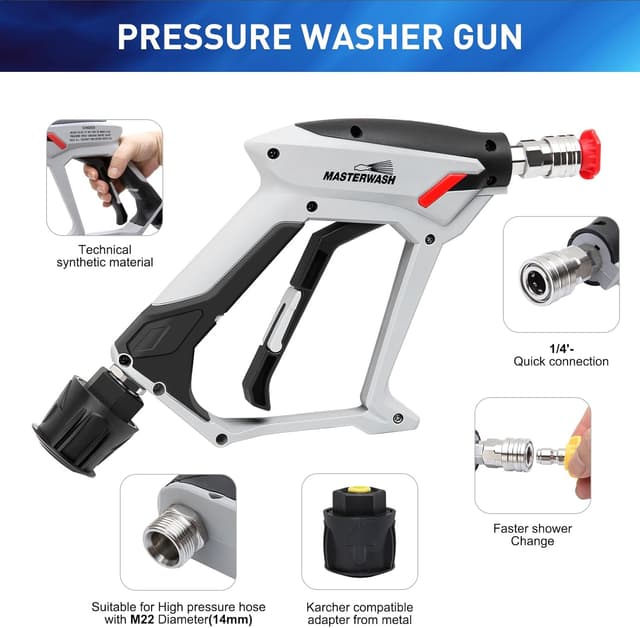 Detalle de LKEVREG 4350 PSI high pressure washer gun with 5 nozzle tips and M22 (14mm) connector