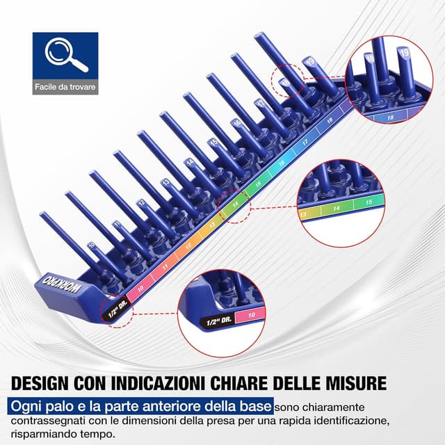 Detalle de WORKPRO Porta Bussole per prese metriche fino a 94 pezzi (1/4, 3/8, 1/2) con vassoio portaprese e fori