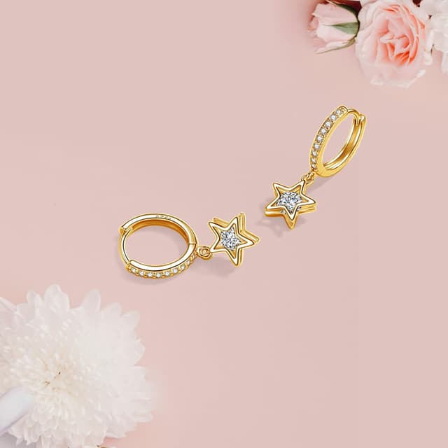 Detalle de Josfeva 925 Sterling Silver Hanging Hoop Earrings with Zirconia Pendants (Star, Teardrop or Heart)