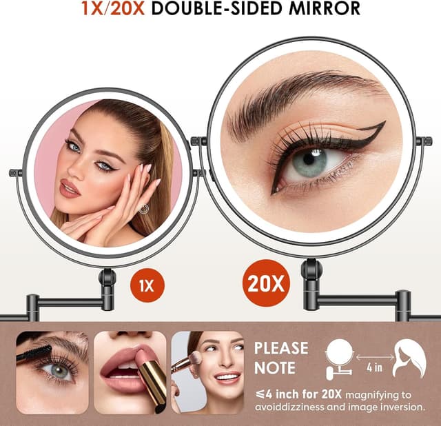 Detalle 2 de ZLOKLA 9" Wall Mounted Lighted Makeup Mirror with 1X/20X Magnification, Rechargeable 4000mAh Battery, 3-Color Dimmable Lights