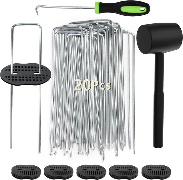 Detalle de WOHOHOHO 20 Weed Control Membrane Pegs + 20 Buffer Washers with Pick Hook and Black Hammer