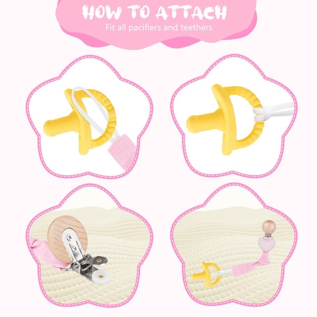 Detalle de Vicloon Schnullerkette aus Baumwolle (3er-Set) mit Clip – Stern/Mond/Herz für Baby