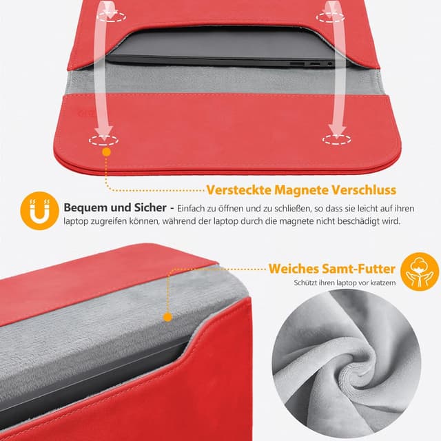 Detalle 2 de HYZUO 13 Zoll Laptop-Hülle aus Kunst-Suede, kompatibel mit ausgewählten MacBook Air/Pro, Dell XPS 13 und Surface Pro – Rot