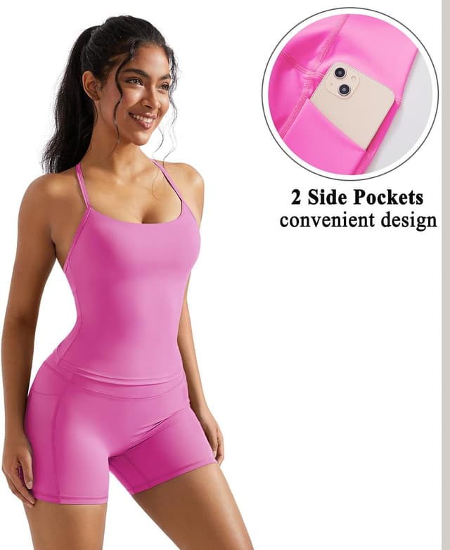 Detalle de OMKAGI 2-Piece Workout Set for Women: Padded Sports Bra Tank & Pocket Scrunch Shorts