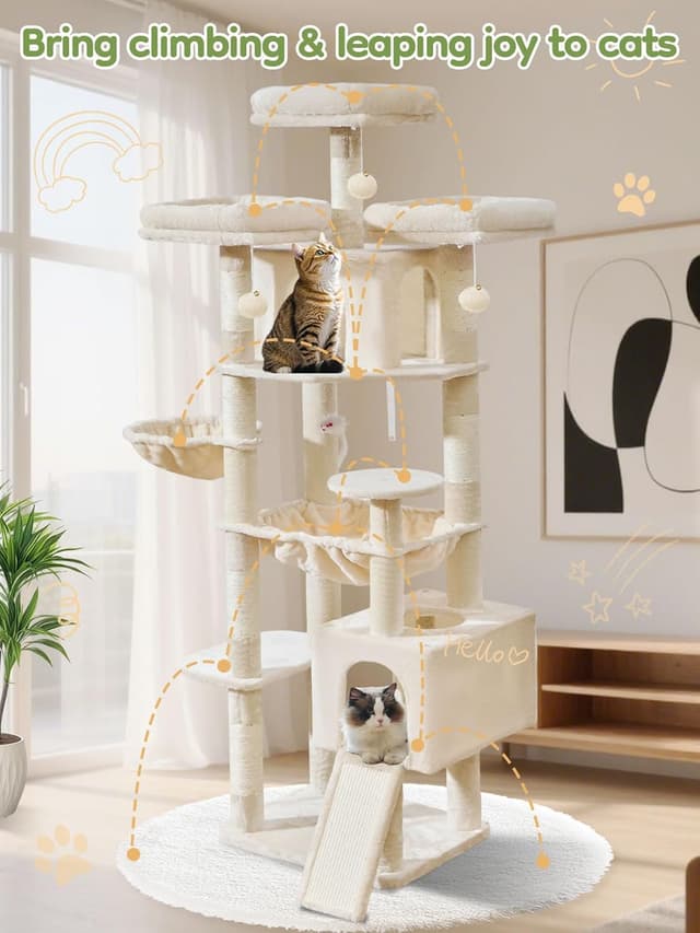 Thumbnail 6 de Taoqimiao MS047M Cat Tree (193 cm) with 7 sisal posts, condos, hammock and hanging basket