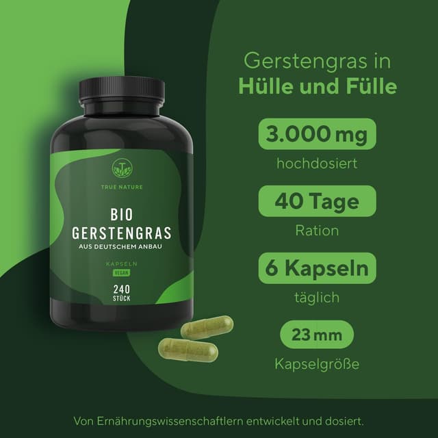 Detalle de Bio Gerstengras – 240 vegane Kapseln (3.000 mg pro Tag) von TRUE NATURE®