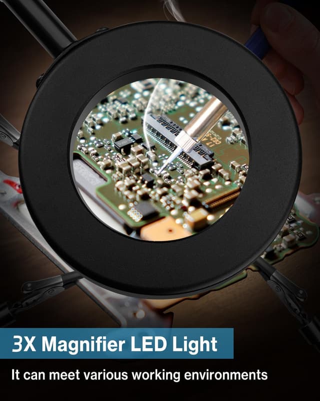 Detalle de Lytool Troisième main à souder avec lampe loupe 3X LED à intensité variable et 4 bras support