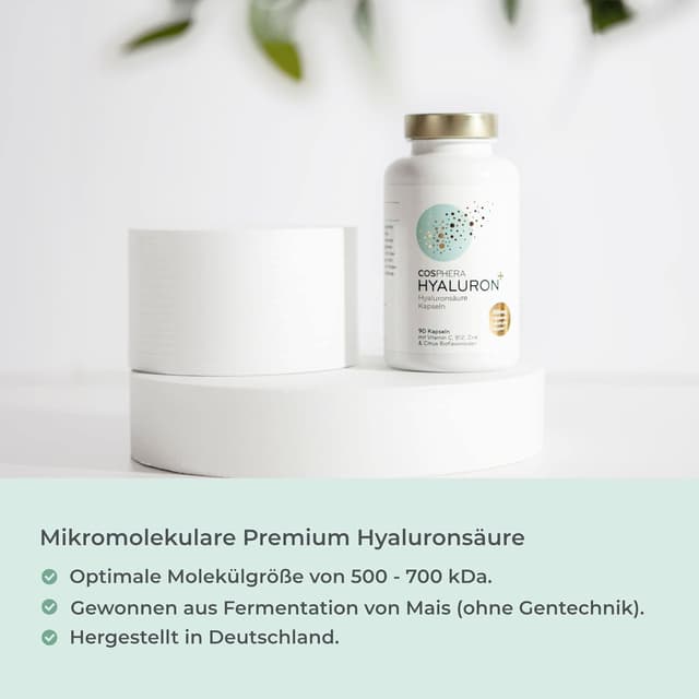 Detalle de Cosphera Hyaluronsäure Kapseln hochdosiert mit 500 mg, 90 vegane Kapseln (3 Monatsvorrat)