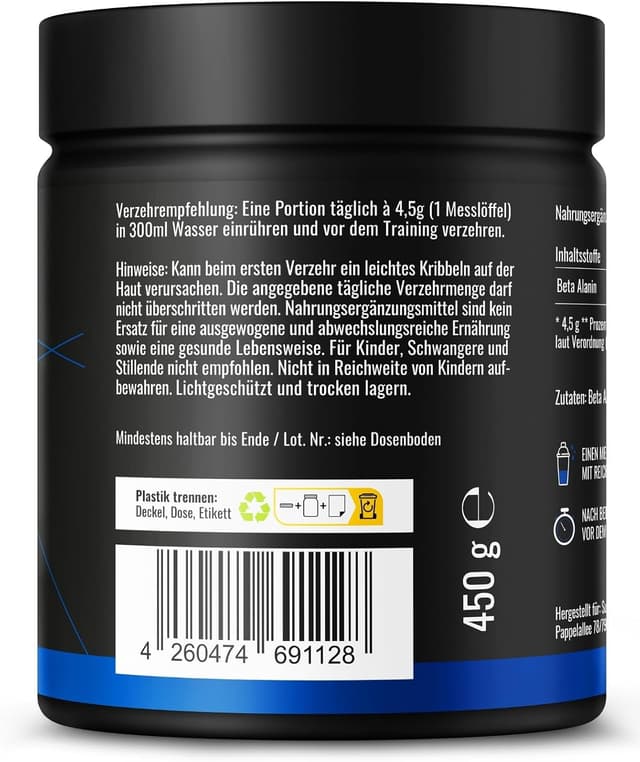 Detalle de Beta Alanin Pulver 450 g – 99% Aminosäure Beta-Alanine, vegan & in Deutschland produziert