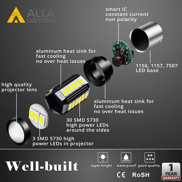 Detalle 2 de Alla Lighting 2800lm BA15S 1156 LED Bulbs (Set of 2) — 12V–24V 6000K White 5730 33-SMD for Backup/Turn/Brake/Tail/DRL