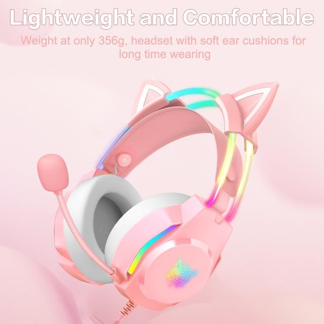 Detalle de ONITOON Gaming Headset with Cat Ears (Pink) – RGB backlight, removable cat ears and virtual 7.1