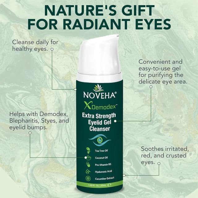 Detalle 2 de NOVEHA Demodex Extra Strength Eyelid Gel Cleanser (50mL) for Demodex, MGD & Dry Eye