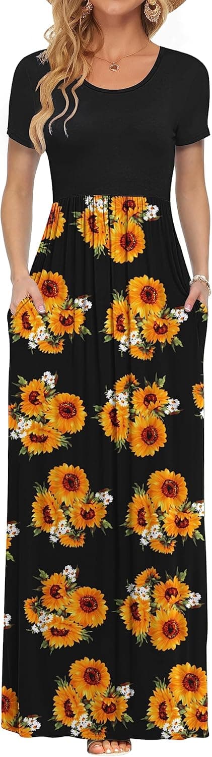 Thumbnail 6 de AUSELILY Women's Classic Short Sleeve Loose Maxi Dress with Pockets (Jersey, Elastic Waist)