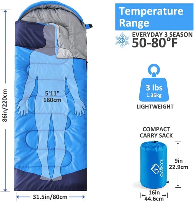 Detalle 2 de oaskys Camping Sleeping Bag (3-Season) Lightweight Waterproof for Spring, Summer, and Fall