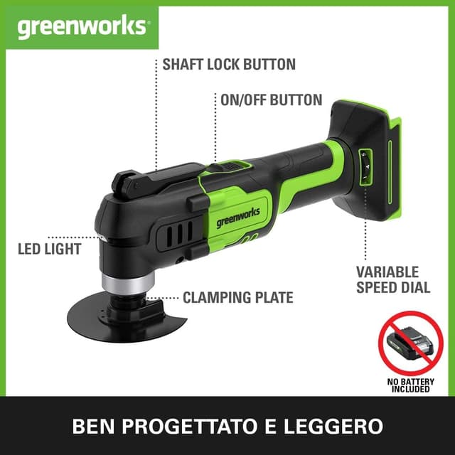 Detalle de Greenworks G24MT multiherramienta a batteria oscillante con 6 velocità e 5 accessori (solo utensile)