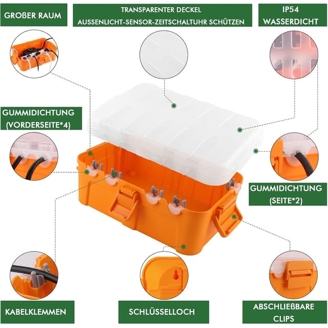Detalle de RESTMO Extra große wasserdichte Kabelbox (IP54) mit transparentem Deckel, 32 x 22 x 13 cm, orange