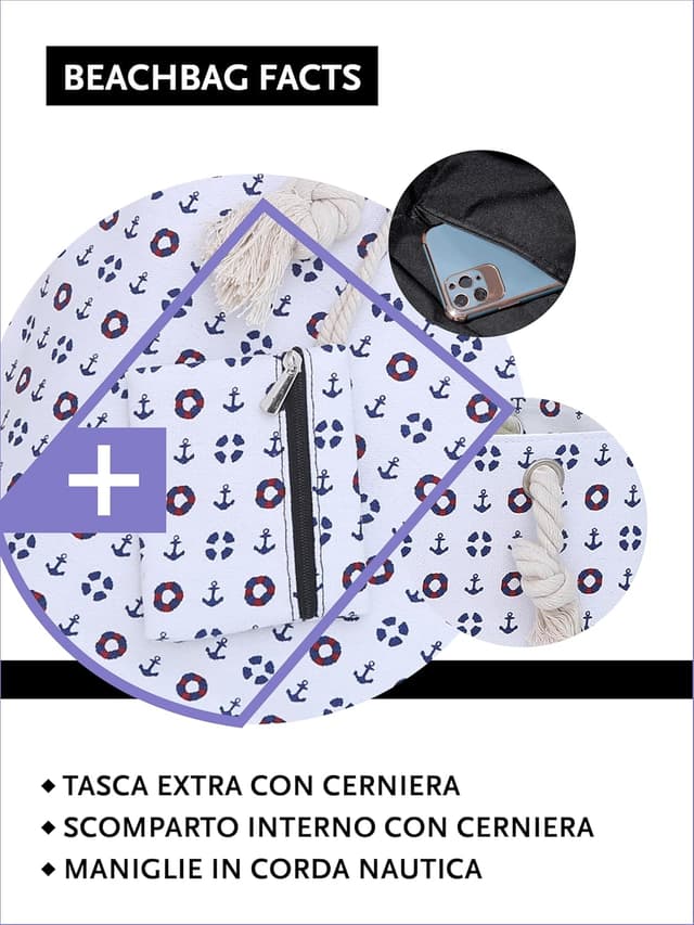 Thumbnail 2 de DonDon Borsa spiaggia XXL chiusura zip 58x38x18 cm