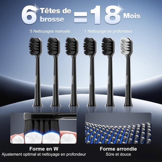 Detalle 2 de Brosse à dents électrique sonique 7MAGIC – 3 intensités, 5 modes, 40000 VPM, autonomie jusqu’à 180 jours (IPX7) – Noir