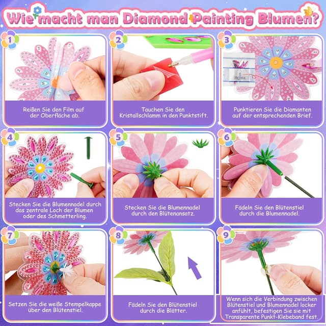 Detalle de Blumen Basteln Mädchen Diamond Painting Set (Blumenstrauß) – Bastelkoffer mit Diamanten und Zubehör