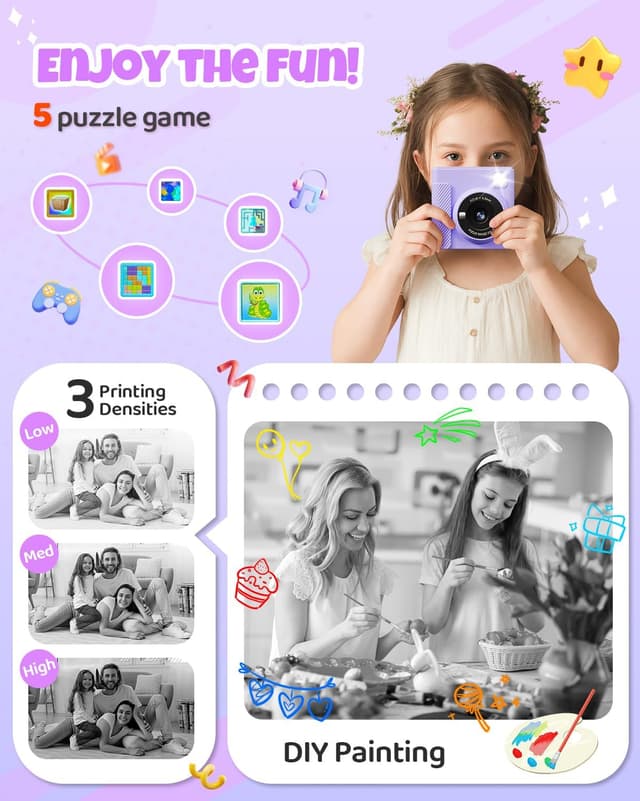 Detalle de TIATUA Kids Instant Print Camera (Purple) — 1080P HD Video + Instant Black-and-White Prints for Ages 3–14