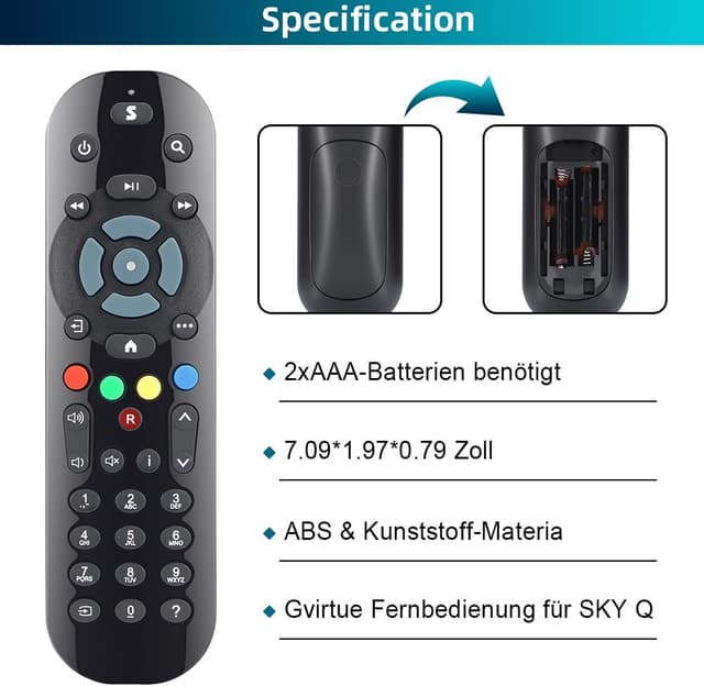 Detalle de Gvirtue (2er Pack) Infrarot-Fernbedienung kompatibel mit Sky Q Box, TV Box, Mini- und Silver Box (ohne Touch, ohne Sprachsteuerung)