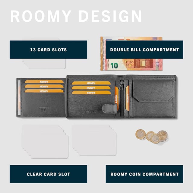 Detalle de Kronify Portafoglio da uomo in vera pelle con protezione RFID, formato orizzontale e 13 scomparti