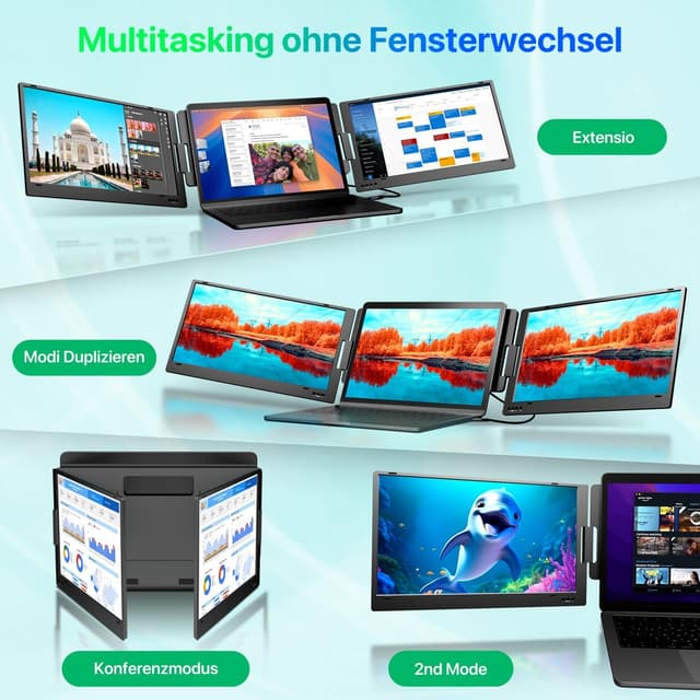 Detalle de KPKUE 15,6" Laptop-Bildschirm-Erweiterung für Triple-Screen-Setups (FHD/IPS) per USB-C oder USB-A