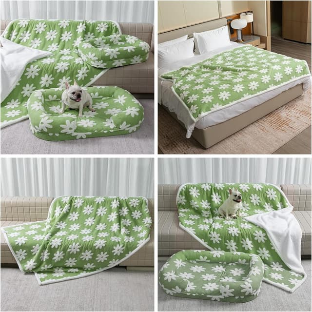 Detalle de Waterproof Pet Blanket Green Stylish Jacquard Throw (Green Flower, XS) for dog beds, couches and washable mat covers